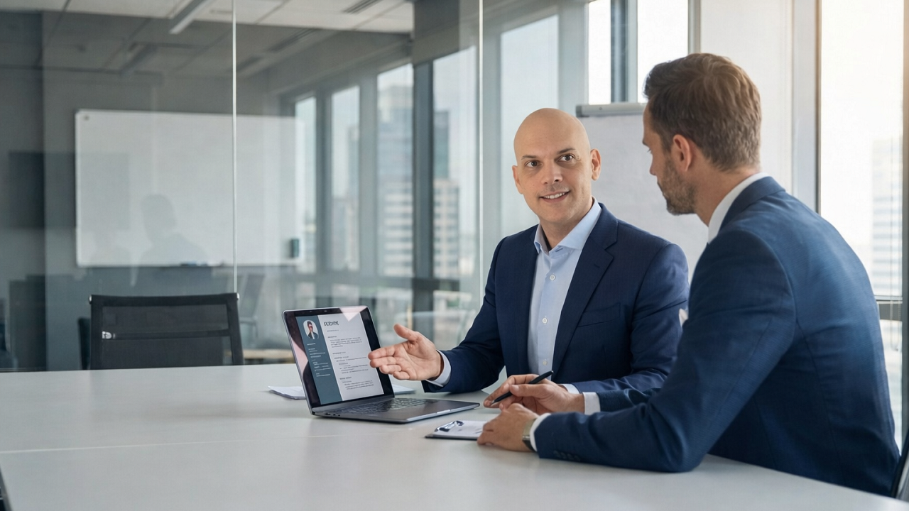 Dr. Gary providing career coaching to an executive in a corporate office with city skyline view.